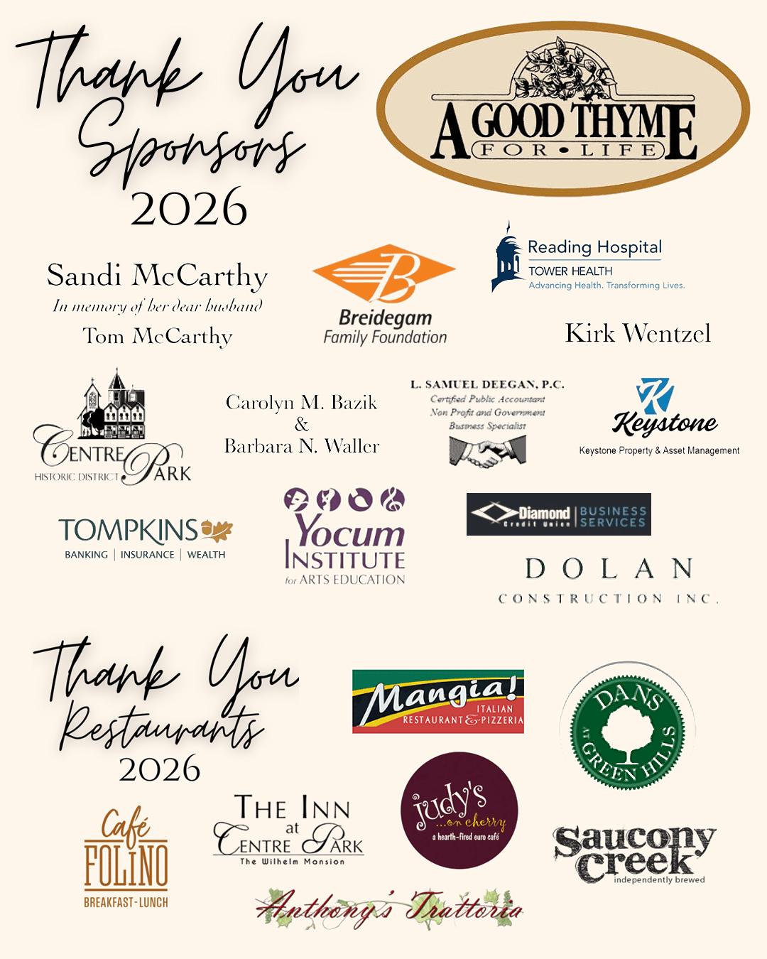 A Good Thyme For Life 2026 Thank You Sponsors & Restaurants